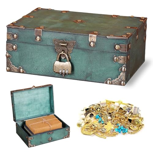 ESYFOR Schatzkiste Holz, Schatztruhe Holz mit Schloss 24 * 17 * 9.5cm Schatzkiste Kinder Vintage Groß Holztruhe mit Deckel für Aufbewahren Dekorieren Kindergeburtstag