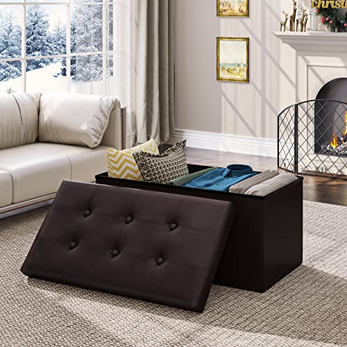 YITAHOME Sitzbank mit Stauraum, Kunstleder klappbare Sitztruhe, Sitzbank faltbar Truhen Aufbewahrungsbox Fußbank für Wohnzimmer, Schlafzimmer, Diele, Deckel abnehmbar, 76 x 38 x 38 cm, Braun