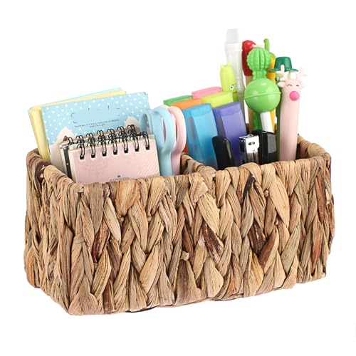 SUMNACON Rattankorb aus Naturliche Wasserhyazinthe,Handgeweb tes Regalkorb mit 2 Fächern,Geteilte Aufbewahrungskorb für Fernbedienung Handy Büroutensilien im Büro Wohn,Bade,Schlafzimmer 21x10.5x10.5cm