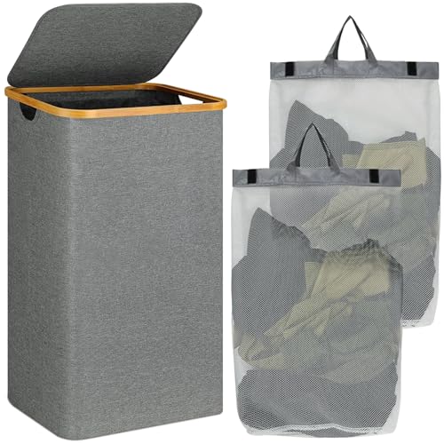 POWZOO Wäschekorb mit Deckel,110 Liter faltbare Waschekorbsammler,2 Herausnehmbarer Wäschesäcke,Wäschesort ierer Wäschetonne,Laundry Baskets für Waschküche,Kinderzimmer, Schlafzimmer,Badezimmer?g rau?
