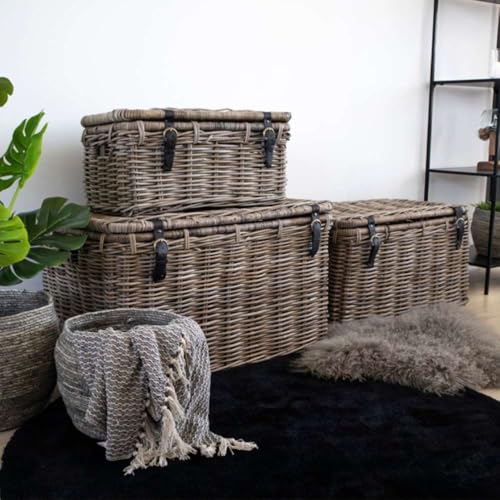 LEBENSwohnART 3 tlg.Truhen-Set KOPED Kubu-Rattan + Ledergriffen