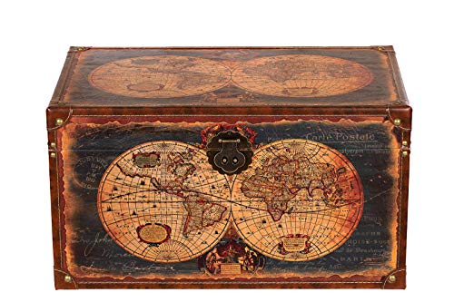 Birendy Truhe Kiste 1622 Weltkarte Holztruhe Schatzkiste mit Kunstleder bezogen (Größe XL 49cm x 28cm x 25cm)