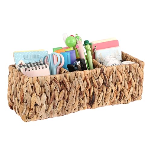 SUMNACON Rattankorb aus Naturliche Wasserhyazinthe,Handgeweb tes Regalkorb mit 3 Fächern,Geteilte Aufbewahrungskorb für Fernbedienung Handy Büroutensilien im Büro Wohn,Bade,Schlafzimmer 32x11x10cm