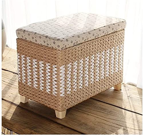 Rattan-Fußhocker mit gepolstertem Sitz, Schlafzimmer, Wohnzimmer, Schuhwechsel, Sofa-Hocker, Truhendeckel, Schwarz / Beige, 80 x 30 x 40 cm, 60 x 30 x 40 cm