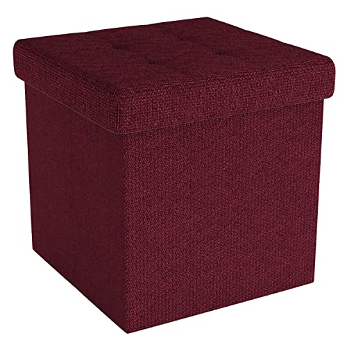 INTIRILIFE Faltbare Sitzhocker 30x30x30 cm in Kirsch ROT - Sitzwürfel mit Stauraum und Deckel aus Stoff mit Mulden - Sitzcube Fußablage Aufbewahrungsbox Truhe Sitzhocker