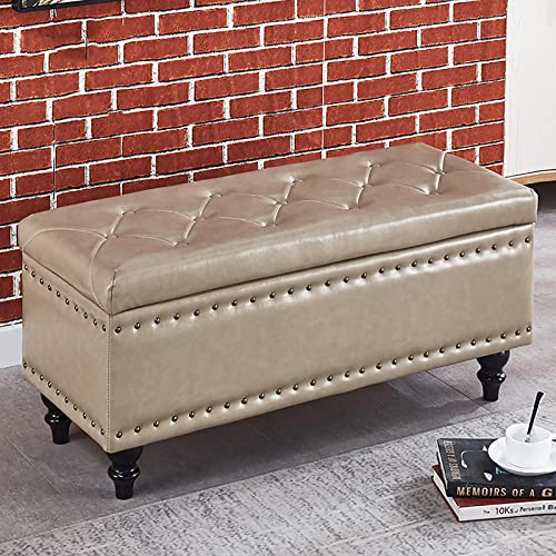 Moderne getuftete Ledertruhe, Ottomane, Sitzbank, Hebebügel, Schuhregal, rechteckig, Fußstütze, Hocker, elegante Champagner-Farbe, 80 x 40 x 45 cm