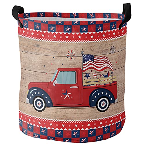 Waschekorbsammler Unabhängigkeitstag-Holz- Lkw-Büffel-Plaid-Rot-Bla u Kleider Tasche Stylisch Wäschetruhe Stabilem Aufbewahrungskorb Für Wäsche Waschküche Schlafzimmer,40X50Cm