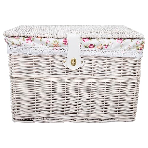 Aufbewahrungstruhe aus Korbgeflecht mit Deckel 30,5x20,3x20,3 cm weiße Korbtruhe mit Blumenmuster natürliche verschließbare Aufbewahrungsbehälter für Spielsachen Decken Kleidung