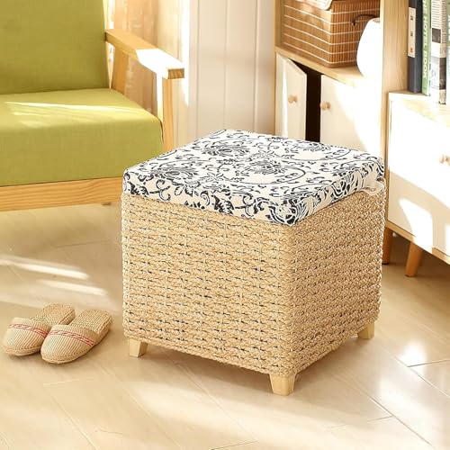 CATANK Handgewebte Korbtruhe, Ottomane mit Stauraum aus natürlichem Rattan, Ottomane im Landhausstil mit Aufbewahrungs-Organizer für Wohnzimmer, Schlafzimmer, Bank, Natur c 40x40x42cm (16