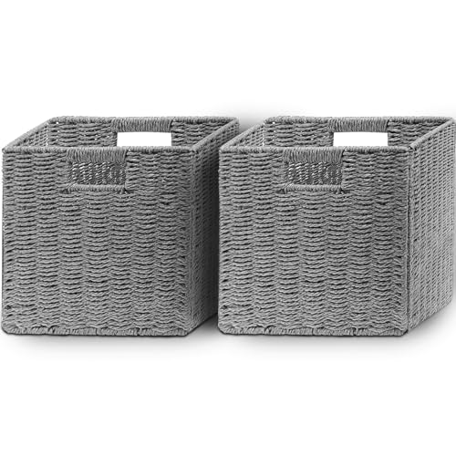 Aluusy Aufbewahrungskorb, Faltbarer Korb Geflochten aus Wasserhyazinthen-Papier, Kallax Regalkorb Würfel 28 cm, Dekorativer Flechtkorb in Handarbeit für Bad Wohnzimmer Schlafzimmer 28x28x28 Grau