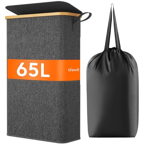 Lifewit 65L Wäschekorb Schmal mit Deckel, Faltbarer Wäschesammler Schmal mit Wäschesack, Laundry Basket Wäscheboxen aus Bambus mit Tragegriff für Apartment, Wohnheim und Wohnwagen,Schwarz