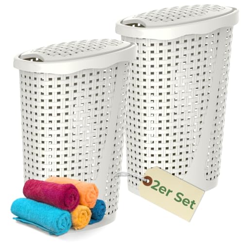 2er Set Wäschekorb mit Deckel Wäschesammler Plastik Wäschetonne Wäschetruhe weiß Wäschebox mit Deckel 31 x 40 x 60 cm 43 L Rattan Optik