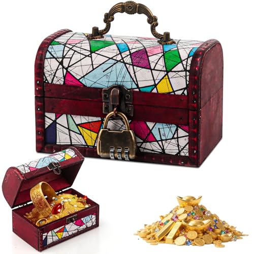 LjFrexia Vintage Holz Schatztruhe Klein, Farbig Schatzkiste mit Zahlenschloss, Piratenschatztruhe, Retro Holztruhe für Aufbewahrung, Kinder Lagerung Schmuckkästchen für Aufbewahrung und Dekoration