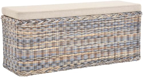 Krines Home Breiter Rattan Wäschekorb 115cm mit Deckel Wäschetruhe XXL Sitzbank schmal Flur Bank Sitzhocker Wäschesammler Sitz-Truhe Natur (Mehrfarbig, Rechteckig 115cm)