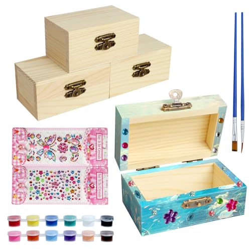 PRZRAO 4 Stück Mini Schatztruhe 12 x 7 x 5 cm Kleine Holzkiste mit Deckel Kleine Schatzkiste mit 2 Aufkleber und 12 Farben Malset Kleine Schatztruhe für Kinder Bastelset Piratenparty Geburtstags DIY