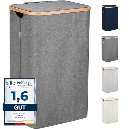 LONBET Wäschekorb mit Deckel 100L Groß - Stilvoller Wäschesammler Atmungsaktiv mit Stabilem Bambus-Rahmen - inklusive Herausnehmbarem Wäschesack Waschbar - Laundry Baskets Wasserdicht | Grau
