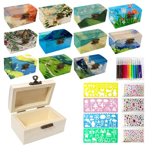 FULUDM Holzkiste Klein Mini Schatztruhe Schatzkiste - 12 Stück Schatztruhe Holz Set Kleine Holzschatulle mit Deckel Diamantaufkleber Bemalen Basteln Dekorieren für DIY Handwerk (9x5.5x5cm)