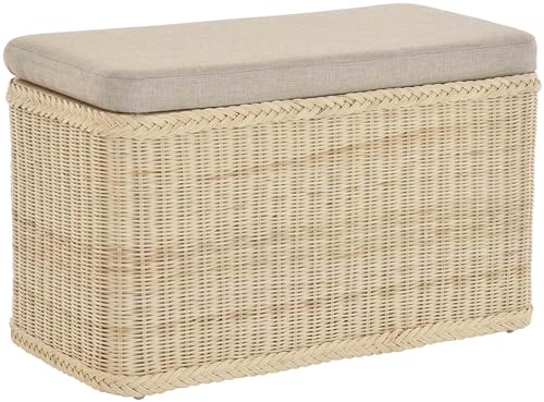 Korb-Outlet Rattan Wäschekorb Wäschetruhe Sitz gepolstert Flur-Bank Aufbewahrungsbox mit Deckel Bad-Hocker Sitzhocker Wäschesammler Sitz-Truhe Natur (Hell, Rechteckig)