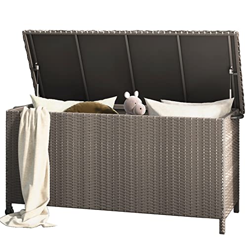 Grand patio Rattan Auflagenbox 480 Liter, 2 Gasdruckfedern Gartenbox mit Deckel, UV-beständig Aufbewahrungskiste mit Zwei Radern, Leicht Bewegen, Kissenbox für Garten, Balkon (Hell Braun)