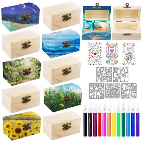 12 Stücke Mini Schatztruhe Holz, Schatzkiste Holz, Piraten Schatztruhe, Piraten Schatzkiste, Piratenschatzkiste Mit Schloss, Schatzkästchen Mit 3 Aufkleber und 12 Graffiti-Stift Für DIY Kunsthandwerk