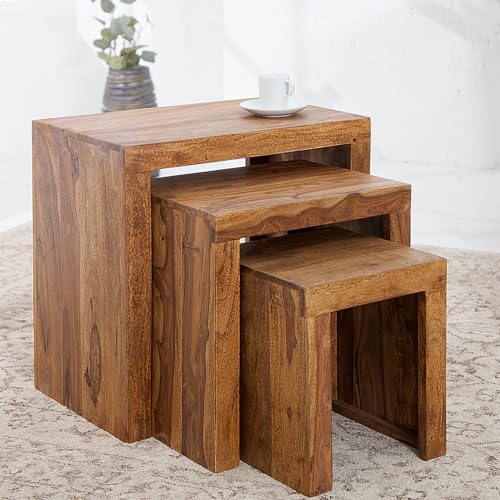 invicta INTERIOR Massives 3er-Set Beistelltische MAKASSAR Sheesham Stone Finish Couchtische Massivholz Holztische Tische Satztische Wohnzimmertische