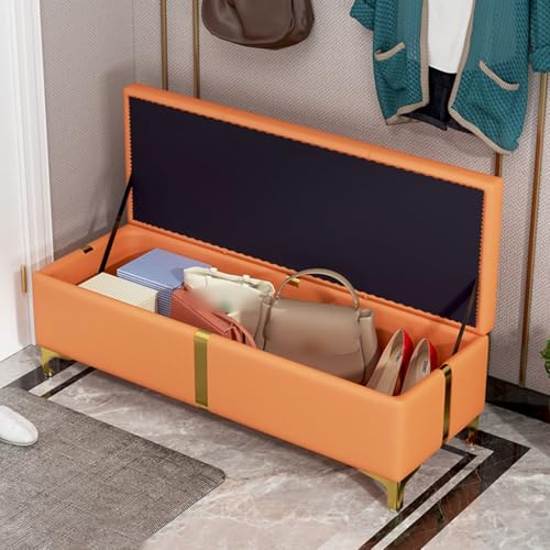 Stilvolle lange Ottomanbank, Ledertruhe für Schlafzimmer und Flur, Schuhbank mit reichlich Stauraum, Fußhocker (Orange, 80 cm)