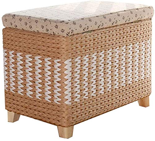 HYBMRQVD Handgefertigter Aufbewahrungskorb aus natürlichem Rattan, Ottomane, multifunktionale Korbtruhe mit Massivholzstruktur für Wohnzimmerdekor, 60 x 30 x 40 cm