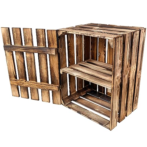 Creative Deco Vintage Holztruhe mit Deckel & Regal | 50 x 40 x 30 cm | Geflammte Holzkiste Holzbox | Wandregal Küche | Ideal als Aufbewahrungsbox, Korb für Geschenke | Für DiY, Dokumente, Spielzeug