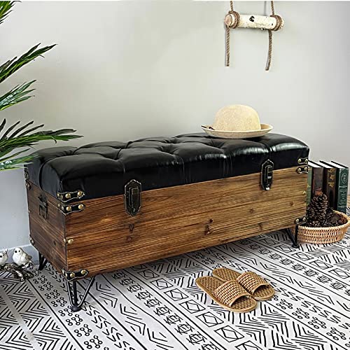 Generisch Ottomane mit Stauraum, Vintage-Leder, gepolstert, rechteckig, Schuhbank, Truhe, Schwarz, 60 cm