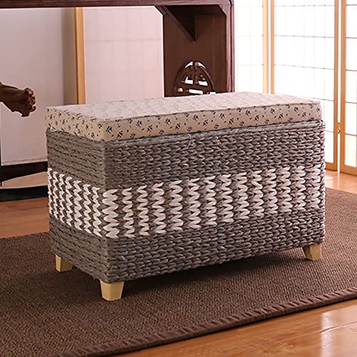 LZDRETUQ Rattan-Stauraum-Ottomane, gewebte Korbtruhe, rustikaler Fußhocker aus Seegras, Fußbank am Ende des Bettes, Schuhbank für den Eingangsbereich, für Wohnzimmer und Schlafzimmer, Grau, 60 x 30
