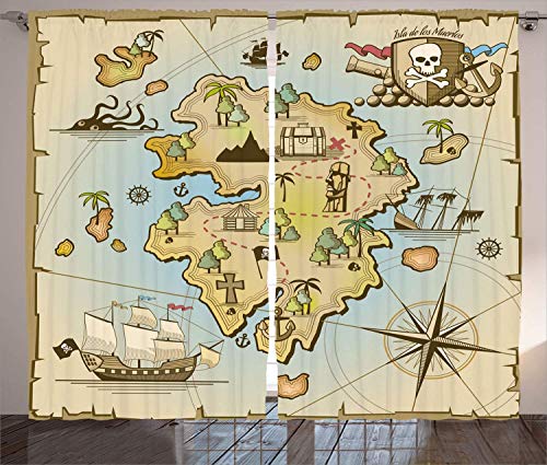 YUANCHENG Inselkarte Vorhänge Cartoon Schatzinsel Piratenschiff Truhe Kraken Octopus Nautik Kinder Design Wohnzimmer Schlafzimmer Fenster