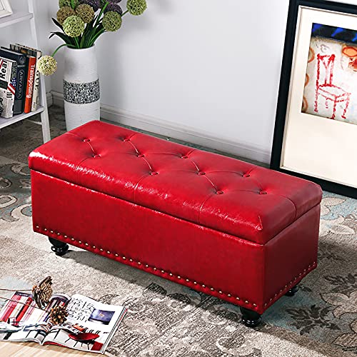 Moderner Fußhocker für Zuhause, Schlafzimmer, Wohnzimmer, Ledertruhe, Ottomane, Bank, Dunkelrot, 80 x 40 x 45 cm, Multifunktionsbänke mit Stauraum