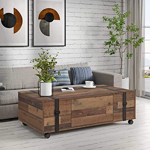 Forte FOBYA Couchtisch 110, Tisch auf Rollen mit 1 Schublade, Wohnzimmertisch, Sofatisch rustikal, Beistelltisch, Holzwerkstoff, Old-Wood Vintage Holzdekor, 110 cm breit x 35,6 cm hoch x 60,2 cm tief