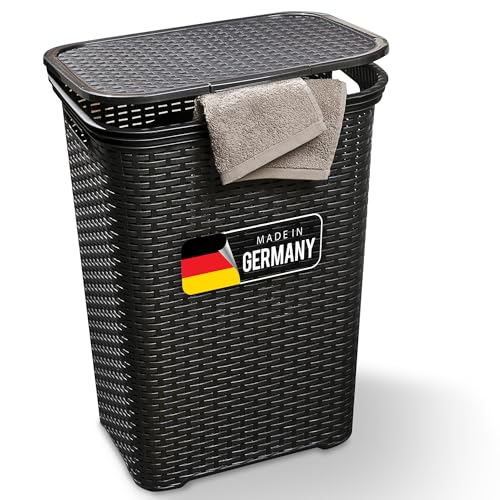 Novaliv Rattan Wäschekorb mit Deckel 60L Schwarz, Wäschebox Wäscheeimer Wäschebehälter modern für Bad Wäsche Schmutzwäsche, Wäschekörbe Schmutzwäschebehälter Wäschetonne Sammler Korb Box