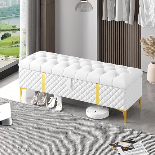 Elegante weiße Aufbewahrung, moderne gepolsterte Lederbank für Schlafzimmer, stilvolle Nizer-Truhe (119 x 41 x 46 cm) – perfekt für Heimdekoration und platzsparende Lösungen