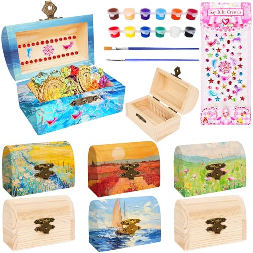 Amentalove 6 Stück Mini Schatztruhe, Kleine Schatzkiste mit Deckel 9 * 5.2 * 6.3cm, Holz Schatzkiste Klein, Schatztruhe Kindergeburtstag Schatzkiste Kinder für DIY Bemalen Piratenparty Geburtstags