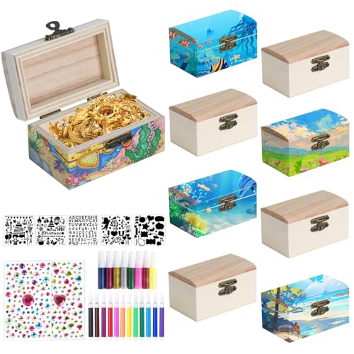 9 Stücke Mini Schatztruhe,DIY Kleine Holzkiste mit Deckel,kleine Holz-Schatzkisten Schatzkiste Kindergeburtstag mit Diamantaufkleber für Bemalen und Basteln Piratenparty Geburtstags 9 x 5 x 4.5 cm