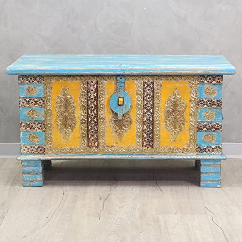 Oriental Galerie Shabby Chic Holztruhe mit Messingbeschlag Schatztruhe Truhe Kiste Box Holz Indien Massiv Antik-Optik Türkis Gelb 80 cm
