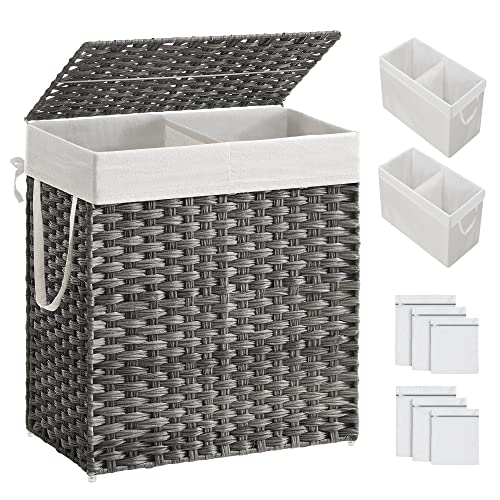 SONGMICS Wäschekorb mit Deckel, Wäschesammler 110 Liter, 2 Fächer, herausnehmbarer Wäschesack mit Griffen, handgeflochten, für Schlafzimmer, Badezimmer, 33 x 57 x 60 cm, grau LCB252G01