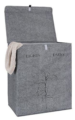 Wäschekorb mit Deckel aus Filz mit zwei Fächern - Großer 99 Liter Filz Wäschesammler - Raumspar Wäschesortierer faltbar - Wäschetruhe Wäschetonne Wäschesack mit Deckel