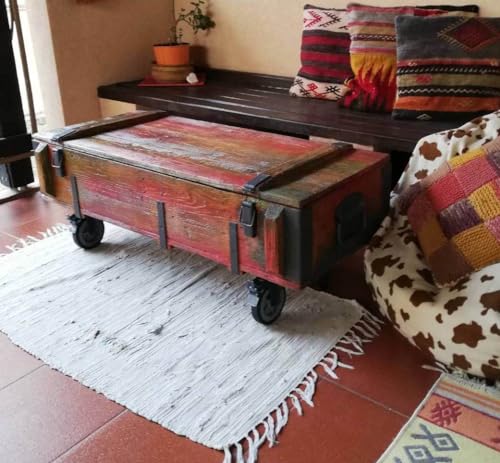 Couchtischtruhe mit Rollen, Mehrfarbig Truhentisch im rustikalen Stil aus massivem Kiefernholz, großer Stauraum