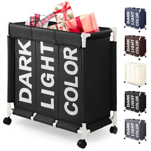 Rieeyrslza Wäschesortierer auf Rollen 90L Wäschekörbe 3 Fächer Wäschekorb aus Oxford-Stoff Mit Deckel Abnehmbarer Wäschekorb Mit Rädern Effiziente Sortierung und Lagerung (Schwarz o2)