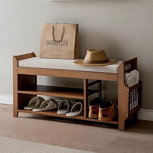 angrounps Schuhbank aus Holz, Schuhregal mit Sitzfläche, 3 Ebenen Schuhablage Schuhkommode Schuhständer Organizier für Flur Bad, Sitzbank mit 2 Ablagen für ca. 6 Paar Schuhe, Holz