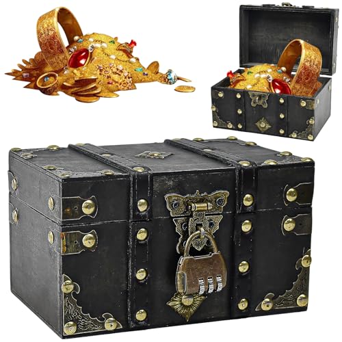 LPAMABA Vintage Holz Schatztruhe Grau Schatzkiste Holz mit Schloss Holztruhe Piratenkiste Piratenschatztruhe Schatztruhe Kinder Lagerung Schmuckkästchen fürAufbewahren und Dekorieren, 18x12x10.5cm
