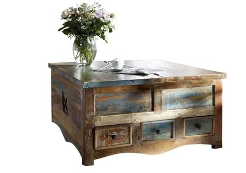 Massivmoebel24.de | Nature of Spirit aufklappbarer Couchtisch und Truhe aus Massivholz #62 - Mehrfarbig, lackiert | aus Altholz | 100x100x50 cm | Holztruhe Kaffeetisch Sofatisch