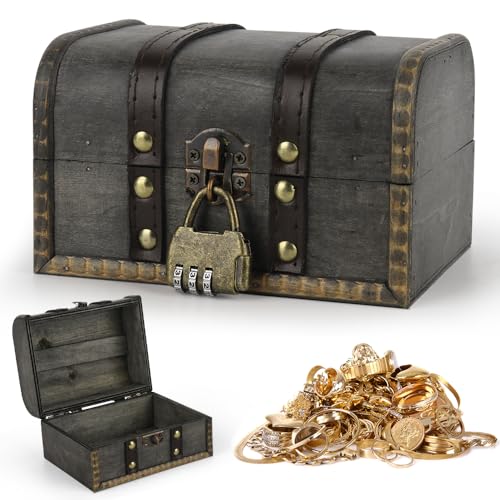 Mineup Vintage Holz Schatztruhe, Holz Aufbewahrung Schatzkiste, Groß Vintage Kiste Abschließbar Truhe mit Zahlenschloss für Aufbewahrung Dekoration Kindergeburtstag(16 x 12 x 9.5cm)