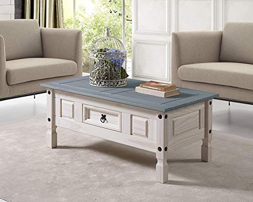 SAM Couchtisch Merida, Pinienholz massiv, Beistelltisch mit Schubfach, weiß lasiert, graue Deckplatte, schwarzer Metallgriff, Mexiko-Möbel