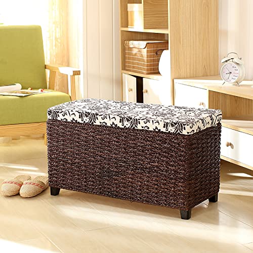 Aufbewahrungstruhe aus natürlichem Rattan, handgewebte Aufbewahrungstruhe aus Korbgeflecht, Bank im Landhausstil mit Aufbewahrungs-Organizer für Wohnzimmer- und Schlafzimmerbank (Walnuss E, 31 x 12 x