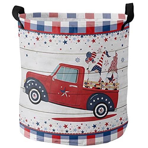 Wäschekorb Gnome Truck Independence Day Vintage Holz Laundry Basket Universell Wäschesack Tragbar Wäschetruhe Für Bad Schlafzimmer Wäsche,40X50Cm