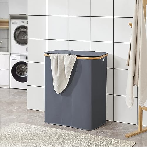 [en.casa] Wäschekorb Rusko Wäschebox mit Deckel Wäschesortierer Wäschesammler 3 Fächer Herausnehmbar Laundry Basket Atmungsaktive Wäschesäcke Klappbar 140L Bambus Dunkelgrau